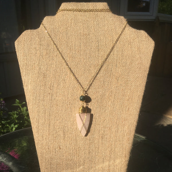 Gold Tone Bead & Wire-Wrapped Arrowhead Pendant Necklace- Rose Quartz