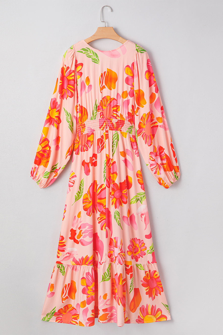 Fuchsia Multi Floral Shirred Long Sleeve Flowy Maxi Dress with Pockets