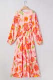 Fuchsia Multi Floral Shirred Long Sleeve Flowy Maxi Dress with Pockets