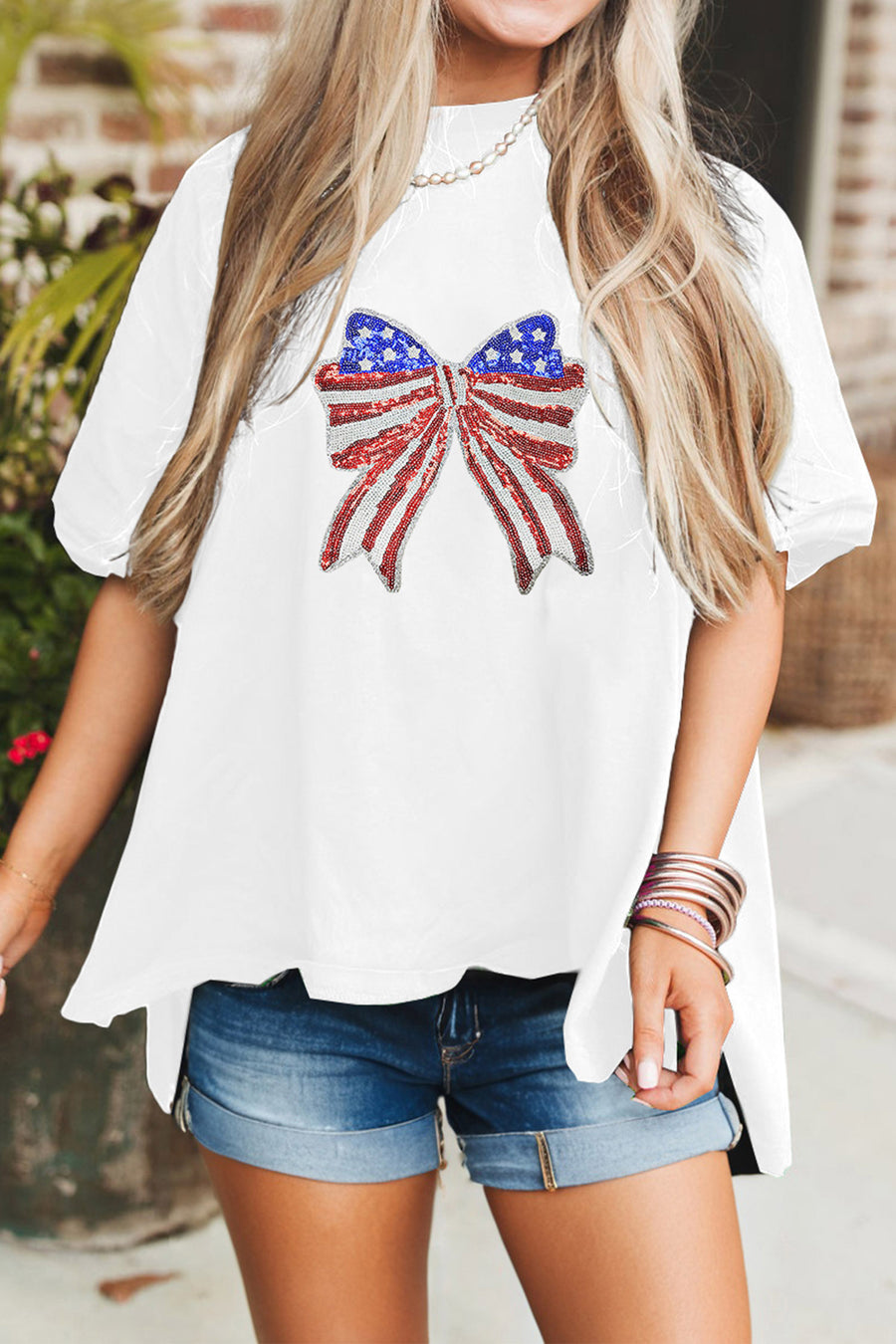 White American Sequin Bow Oversized Graphic T-Shirt