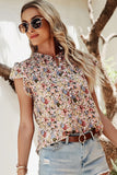 Multicolored Floral Frilled Neck Ruffled Short Sleeve Button-Up Blouse