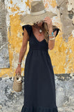 V-Neck Flutter Sleeve Smocked Bodice High Waist Ruffle Maxi Dress with Pockets- 2 Colors
