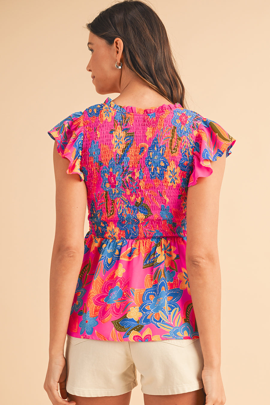 Neon Pink Floral Frill V-Neck Smocked Peplum Blouse