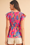 Neon Pink Floral Frill V-Neck Smocked Peplum Blouse