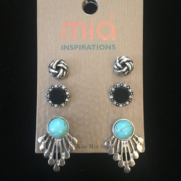 Burnished Silver Tone Earring Trio- Turquoise & Black