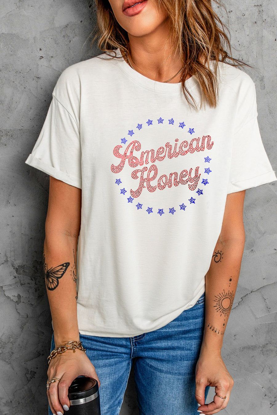 White American Honey Rhinestone Graphic T-Shirt