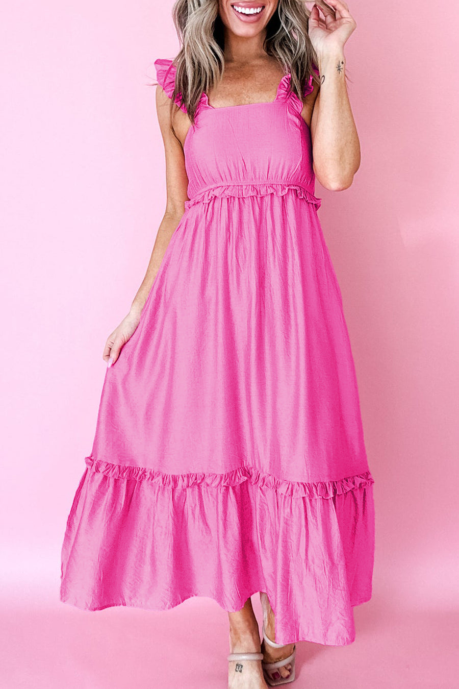 Solid Color Ruffle Trim High Waist Sleeveless Maxi Dress A- 2 Colors
