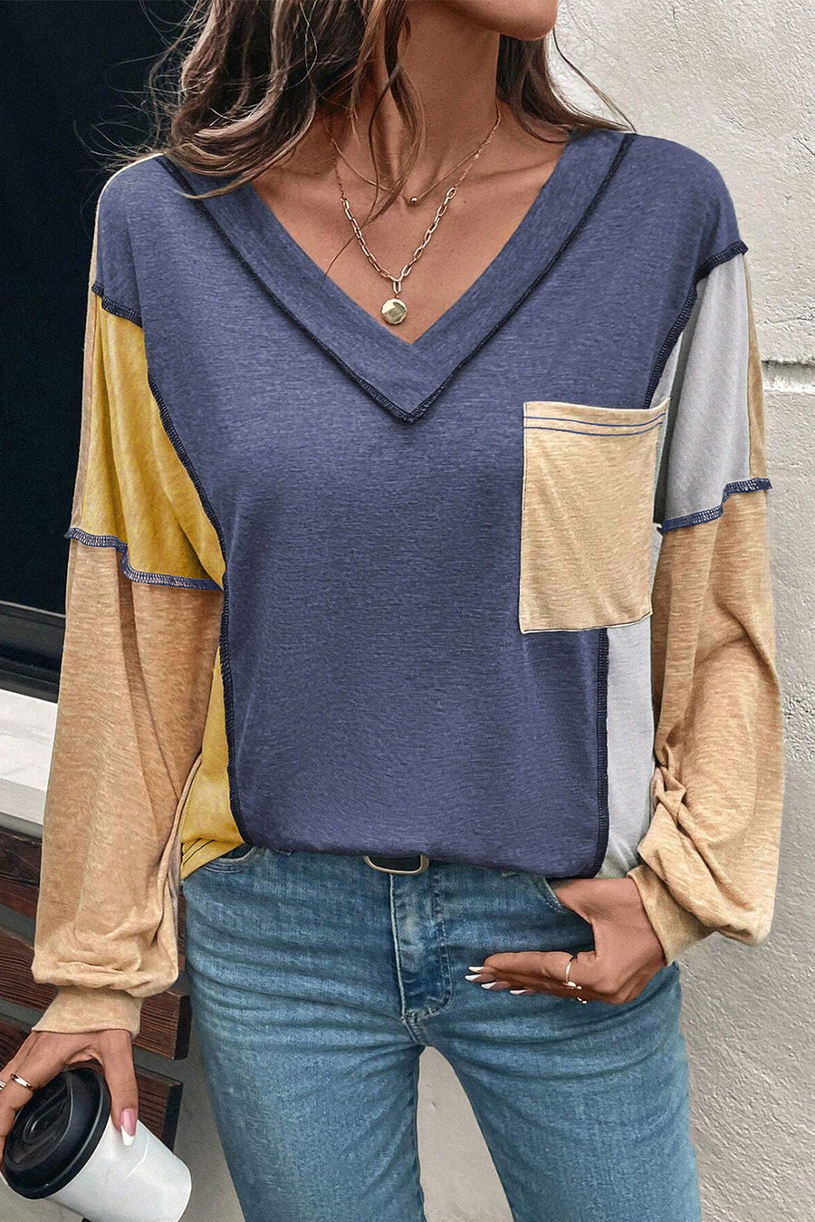 Blue Exposed Seam Color Block V-Neck Long Sleeve Top with Pocket