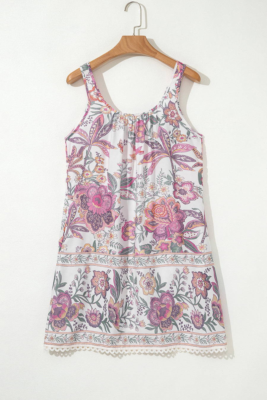 Pink and Lavender Bohemian Floral Tassel Tie V-Neck Mini Dress with Pockets