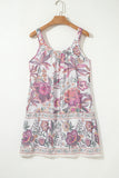 Pink and Lavender Bohemian Floral Tassel Tie V-Neck Mini Dress with Pockets