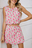 Pink Boho Floral Print Cropped Top Mini Skirt Set