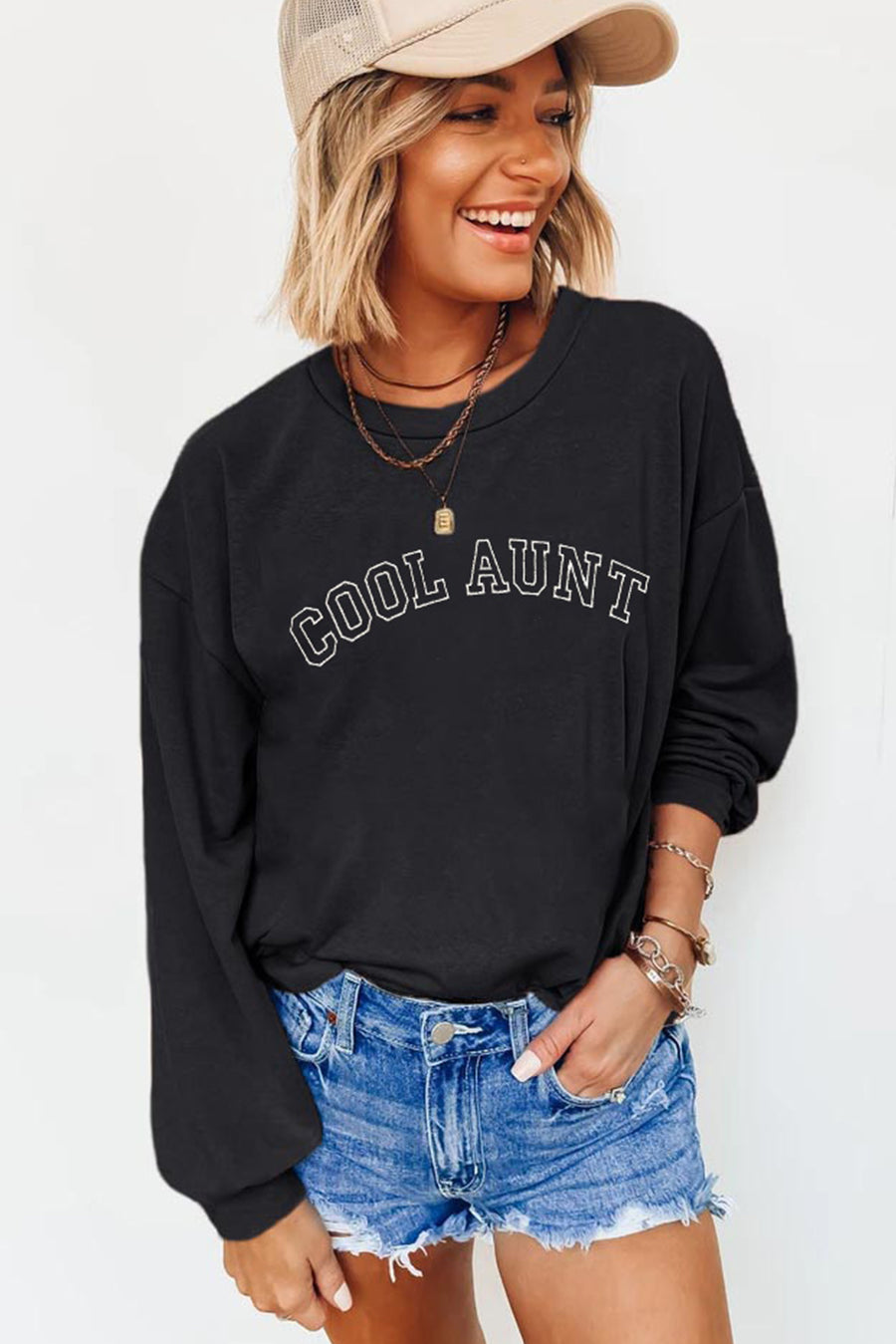 Black COOL AUNT Embroidered Letters Sweatshirt