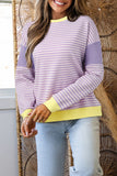 Purple Stripe Contrast Trim Color Block Long Sleeve Thermal Shirt