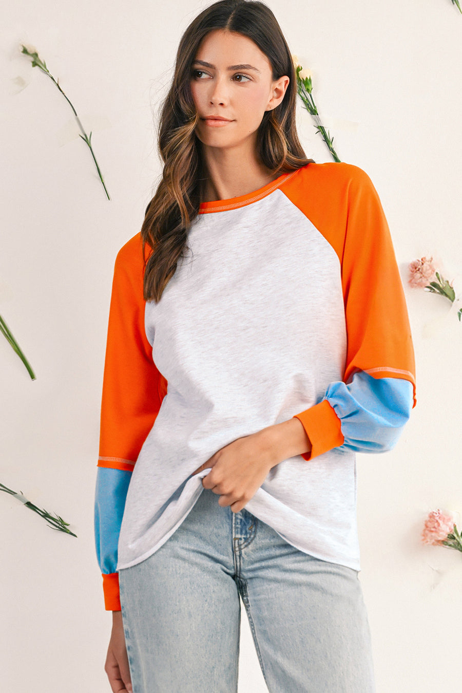 Light Grey Colorblock Raglan Sleeve Loose Fit Top