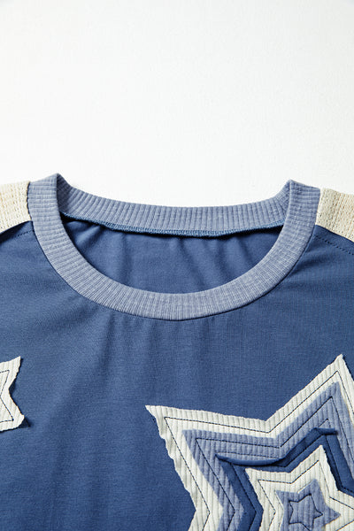 Dark Blue Knitted Colorblock Patchwork Star Patched Long Sleeve Top