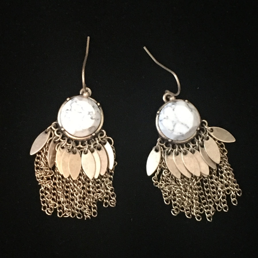 Worn Gold Stone & Fringe Earrings- White