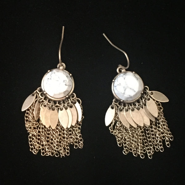 Worn Gold Stone & Fringe Earrings- White