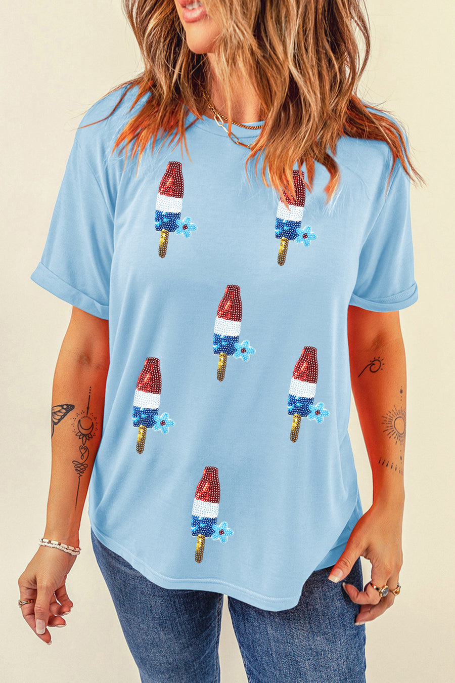 Light Blue American Sequin Popsicle and Flowers Graphic T-Shirt