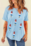 Light Blue American Sequin Popsicle and Flowers Graphic T-Shirt