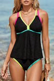 Black Floral Textured Neon Trim V-Neck Criss-Cross Tankini
