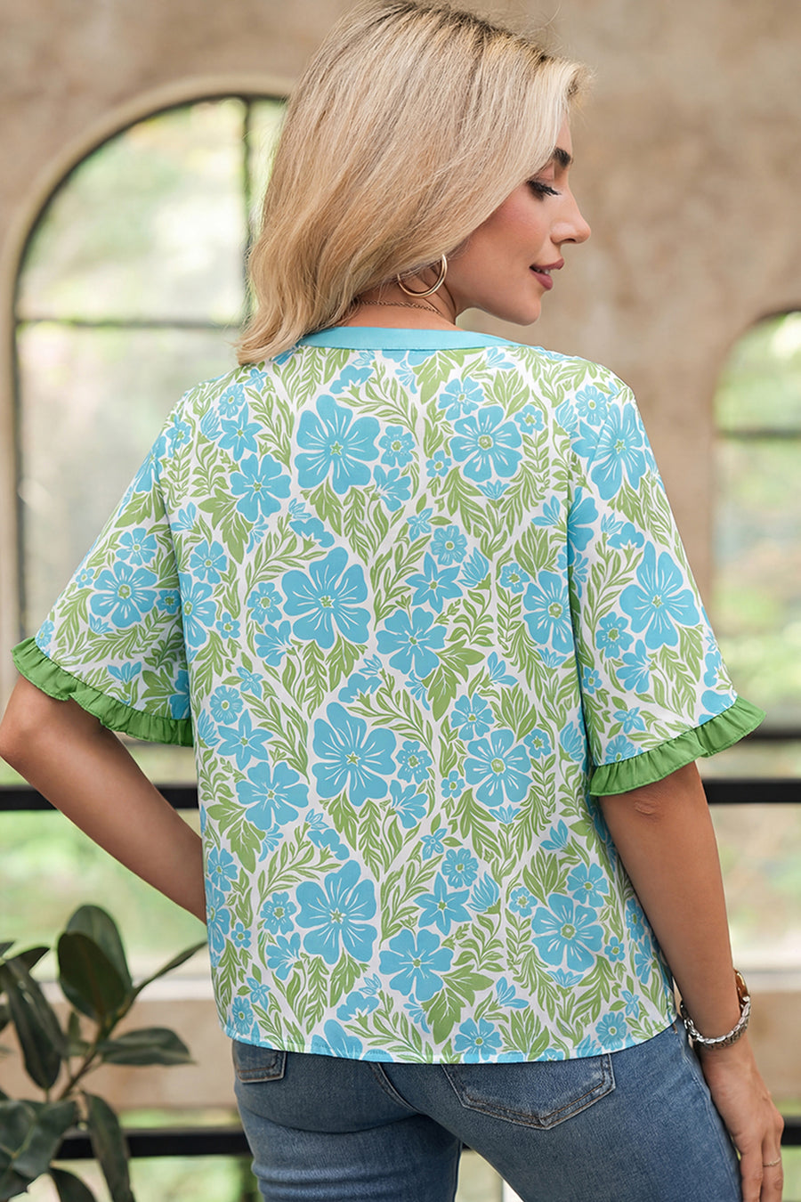Rose Floral Print Ruffled Color Block Trim Half Sleeve Blouse