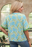 Rose Floral Print Ruffled Color Block Trim Half Sleeve Blouse