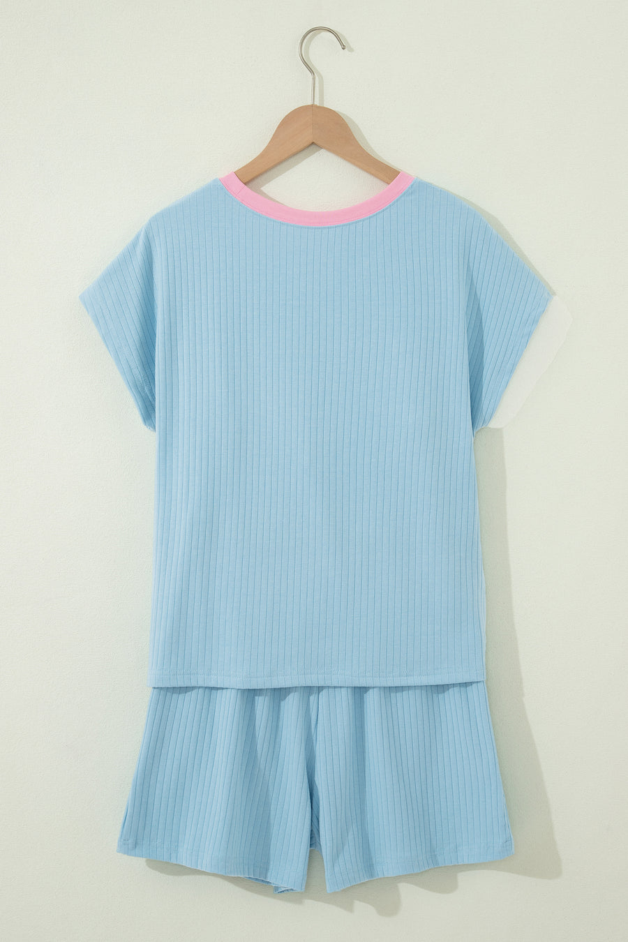Yellow Cream Soft Ribbed Color Block Trim Casual Short Set