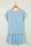 Yellow Cream Soft Ribbed Color Block Trim Casual Short Set