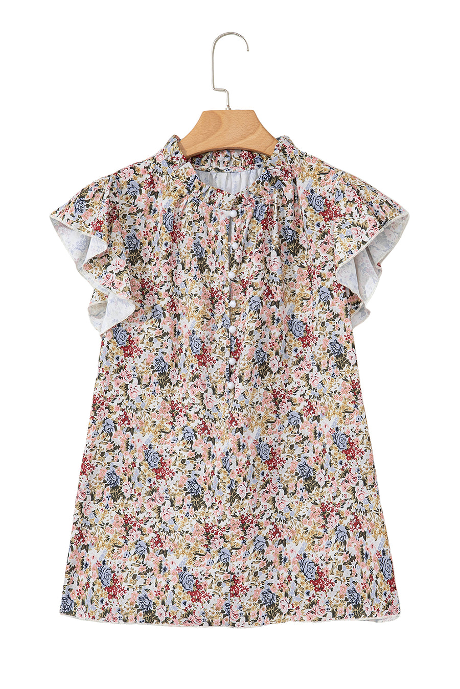 Multicolored Floral Frilled Neck Ruffled Short Sleeve Button-Up Blouse
