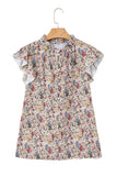 Multicolored Floral Frilled Neck Ruffled Short Sleeve Button-Up Blouse