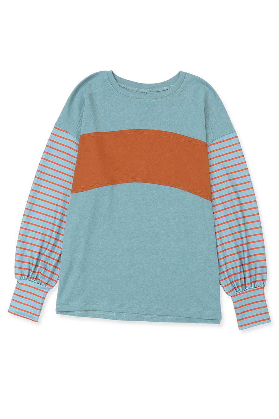 Duck Egg and Rust Color Block Striped Long Bishop Sleeve Side Slit T-Shirt