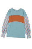 Duck Egg and Rust Color Block Striped Long Bishop Sleeve Side Slit T-Shirt