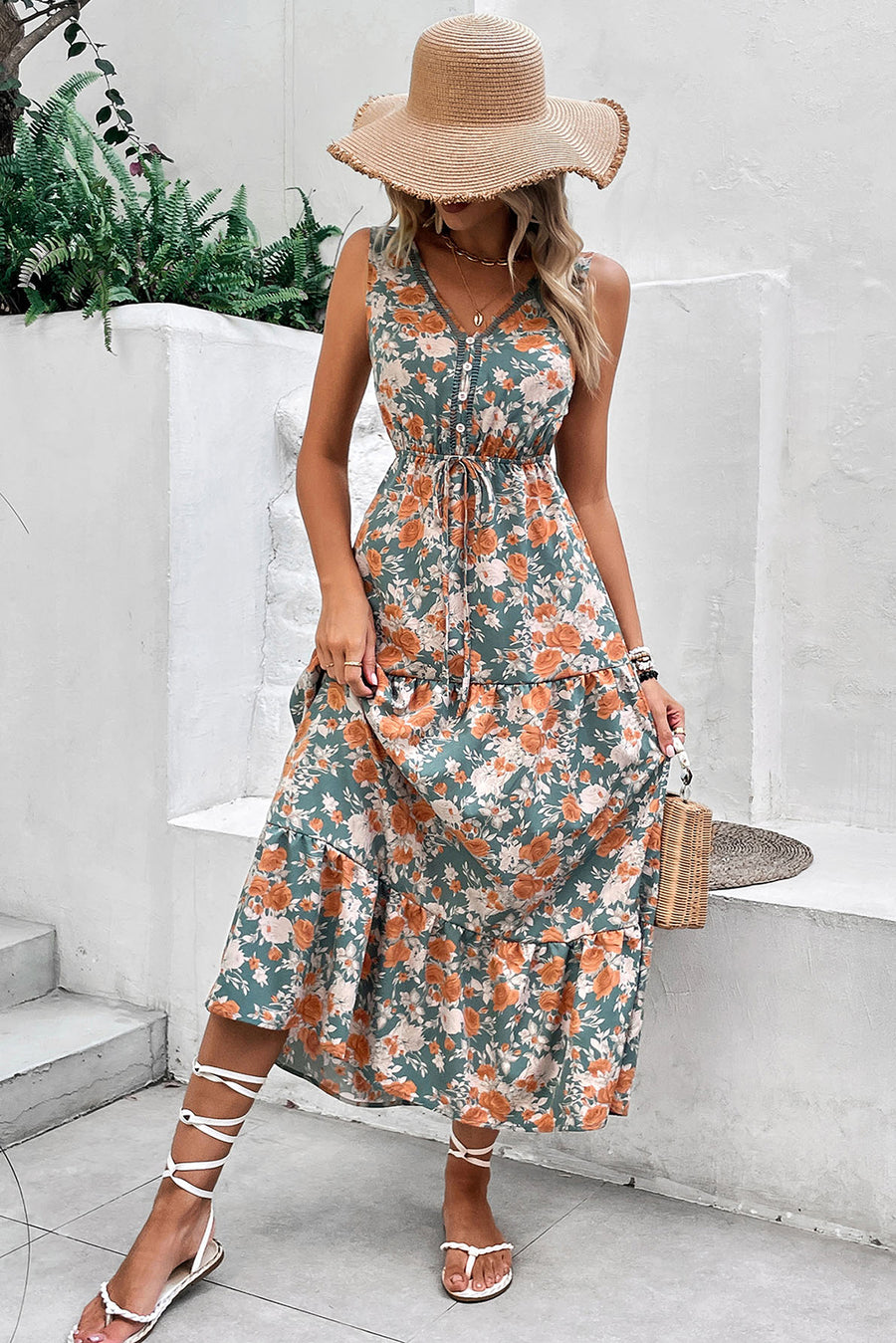 Green and Orange Floral Print V-Neck Sleeveless Midi Dress