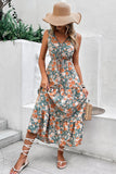 Green and Orange Floral Print V-Neck Sleeveless Midi Dress