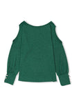 Green Boat Neck Cutout Long Sleeve Blouse with Button Detail Cuffs