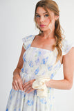 Blue Floral Smocked High Waist Ruffle Sleeveless Midi Dress