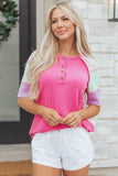 Twist Ribbed Color Block Patchwork Short Sleeve Henley T-Shirt- 2 Colors
