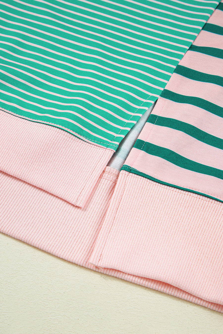 Plus Size Green & Pink Striped Color Block Patchwork Side Slit Sweatshirt