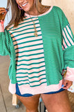 Plus Size Green & Pink Striped Color Block Patchwork Side Slit Sweatshirt