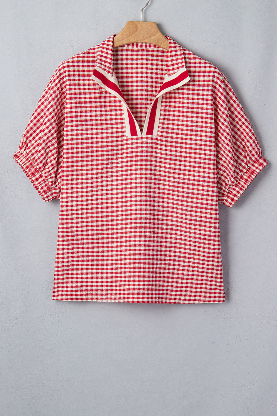 Gingham Short Sleeve Color Block Trim Split Neck Blouse- 2 Colors
