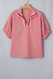 Gingham Short Sleeve Color Block Trim Split Neck Blouse- 2 Colors