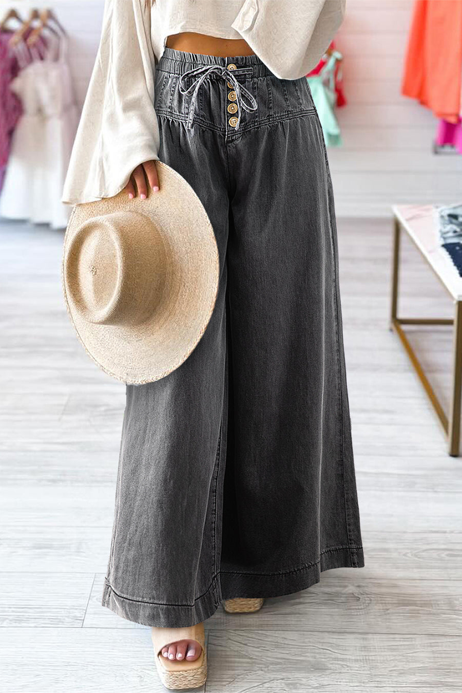 Mineral Wash Button-Up High-Waist Wide Leg Jeans