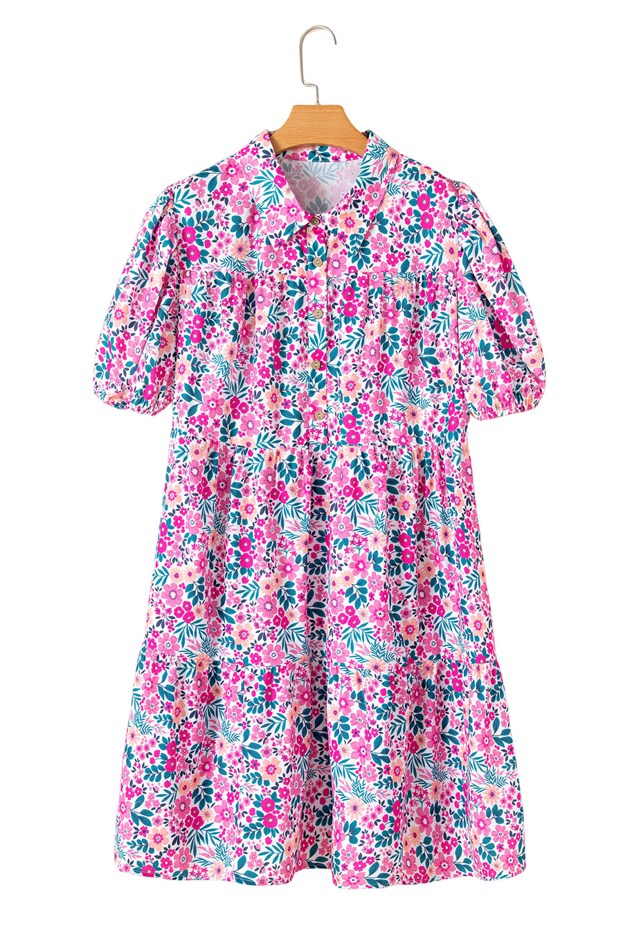 Plus Size Pink Multi Floral Button-Up Puff Sleeve A-Line Mini Dress
