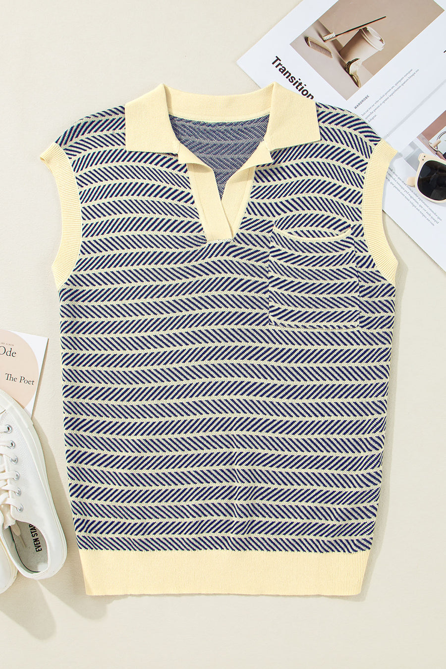 Striped Contrast Trim Sleeveless Collared Sweater- 3 Colors