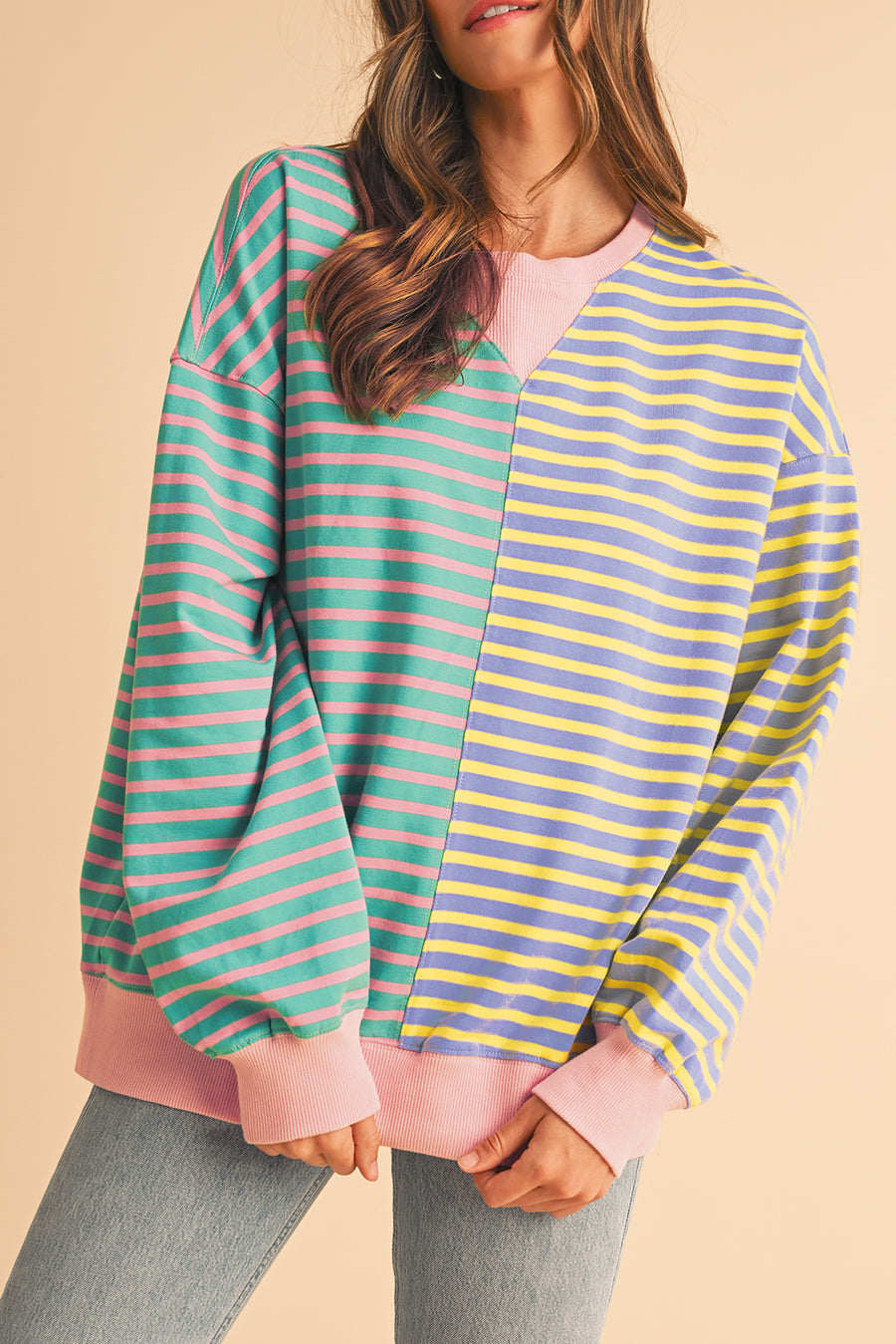 Striped Color Block Drop Shoulder Oversized Sweatshirt- 2 Colors