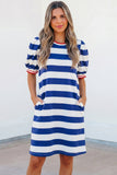 Striped Contrast Trim Crew Neck Short Puff Sleeve Shift Mini Dress- 2 Colors