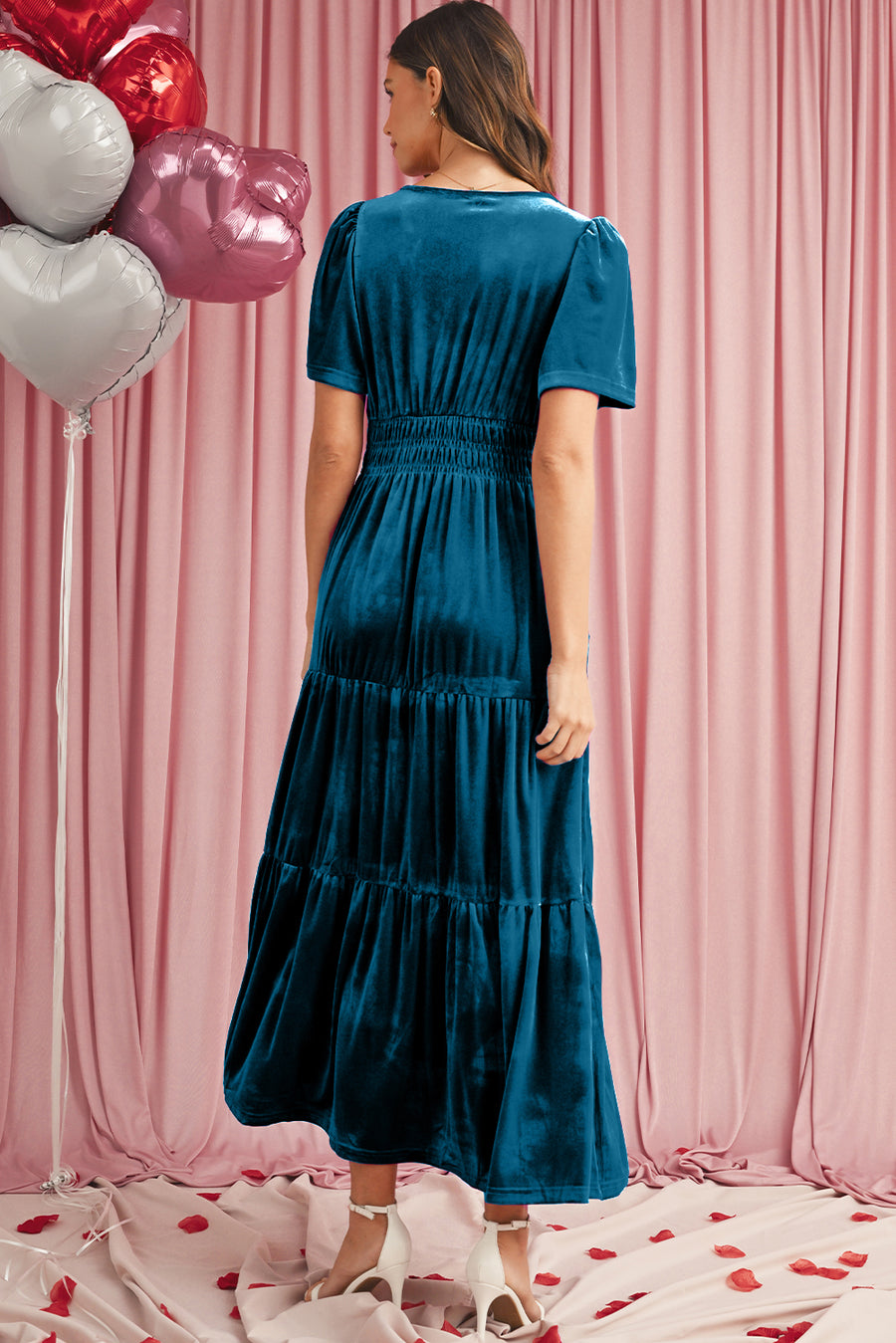 Velvet Puff Short Sleeve Smocked Waist Tiered Maxi Dress with Pockets- 3 Colors