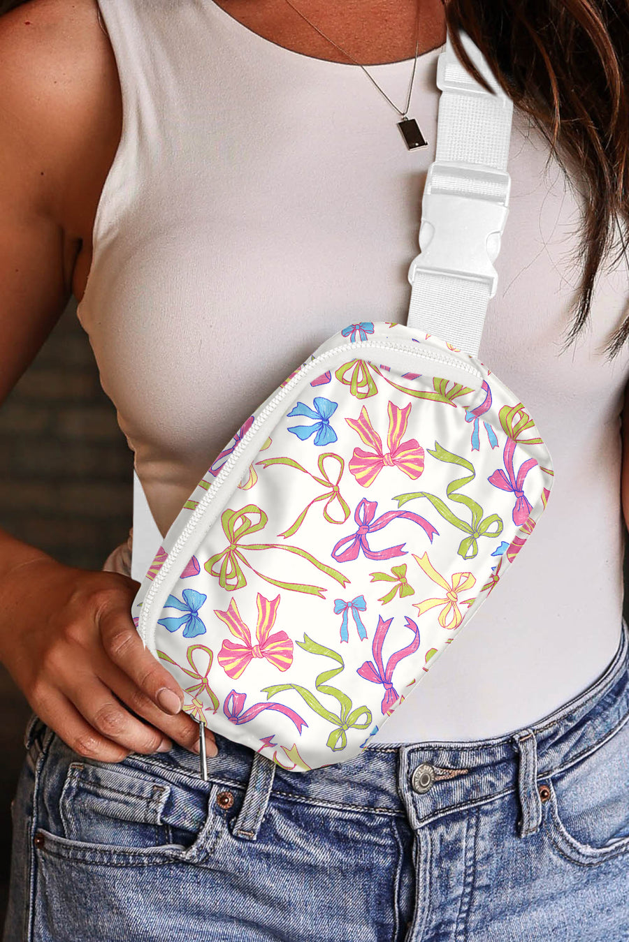 White Bow Print Crossbody Bag