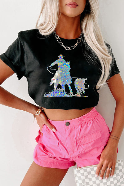 Black Western Cowboy Transfer Vinyl Process Graphic Crewneck Tee