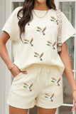 Apricot Stylish Textured Sequin Flying Mallard 2pcs Short Set